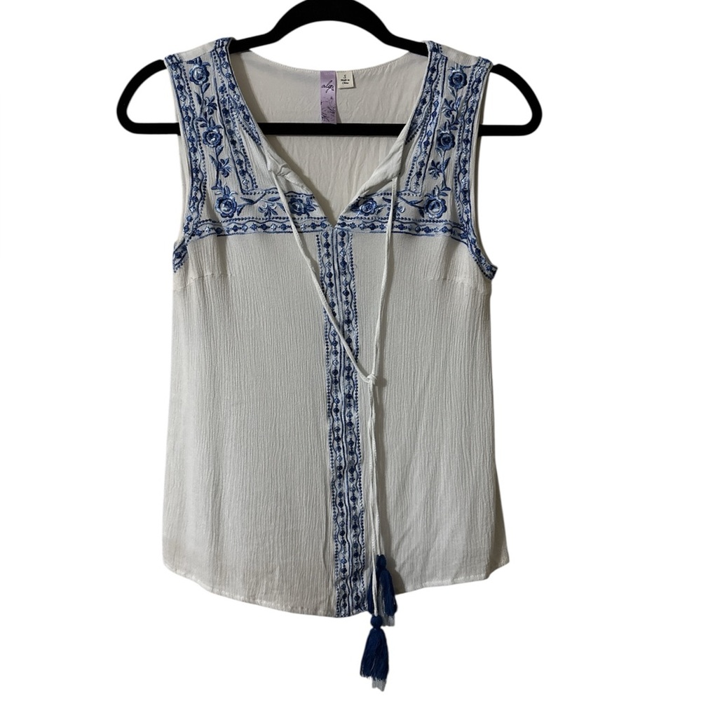 White and Blue Embroidered Tank Top Francesca’s Collections